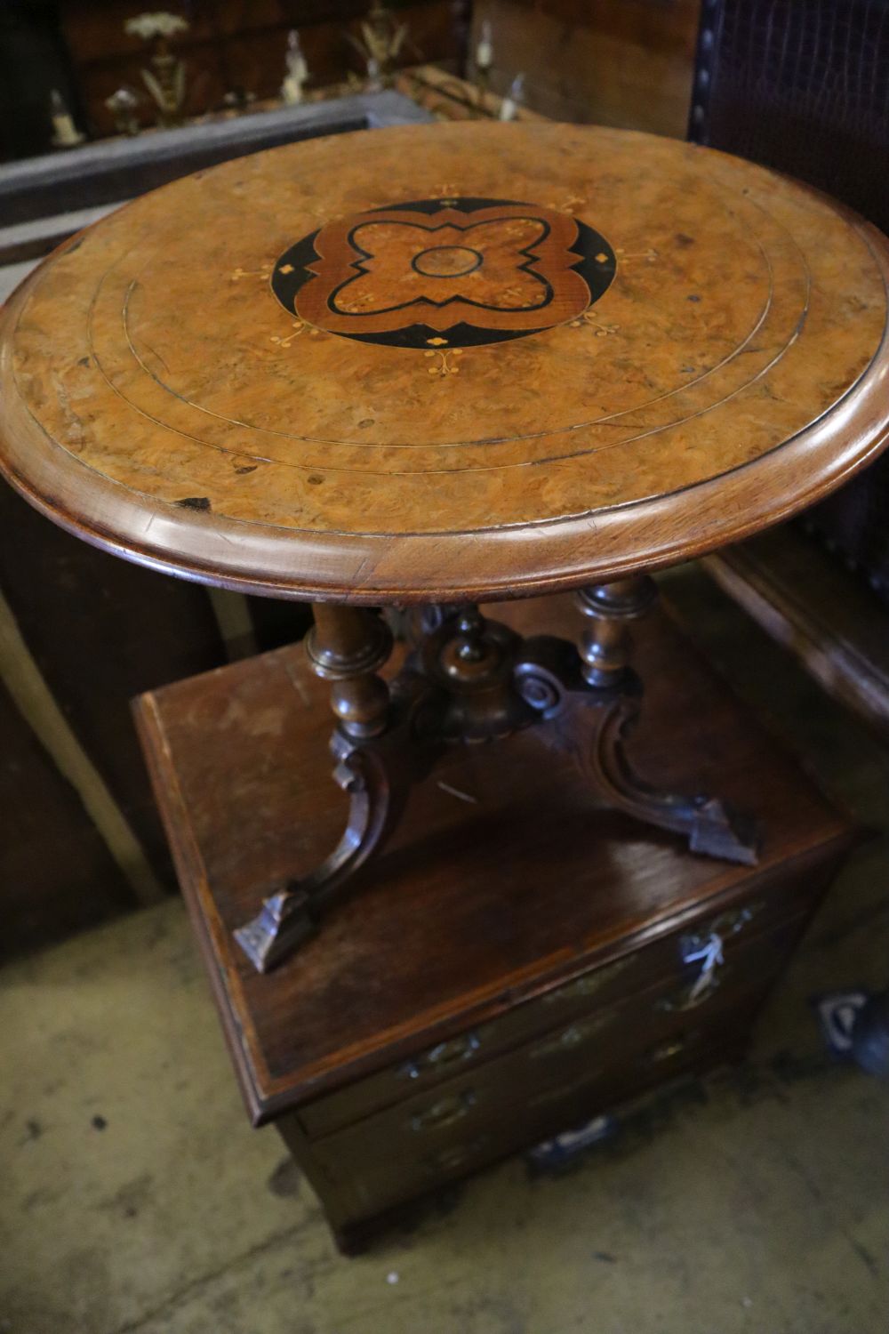 Three assorted Victorian walnut occasional tables, all reduced in height, largest diameter 53cm height 51cm